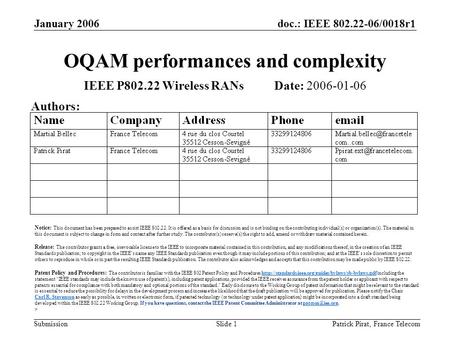 Doc.: IEEE 802.22-06/0018r1 Submission January 2006 Patrick Pirat, France TelecomSlide 1 OQAM performances and complexity IEEE P802.22 Wireless RANs Date: