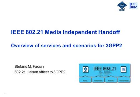 1 IEEE 802.21 Media Independent Handoff Overview of services and scenarios for 3GPP2 Stefano M. Faccin 802.21 Liaison officer to 3GPP2.