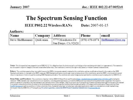 Doc.: IEEE 802.22-07/0052r0 Submission January 2007 Steve Shellhammer, QualcommSlide 1 The Spectrum Sensing Function IEEE P802.22 Wireless RANs Date: 2007-01-15.