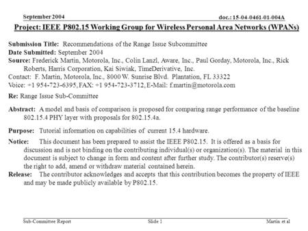 Doc.: 15-04-0461-01-004A Sub-Committee Report September 2004 Martin et alSlide 1 Project: IEEE P802.15 Working Group for Wireless Personal Area Networks.