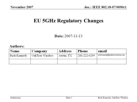 Doc.: IEEE 802.18-07/0090r1 Submission November 2007 Rich Kennedy, OakTree WirelessSlide 1 EU 5GHz Regulatory Changes Date: 2007-11-13 Authors: