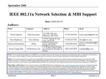 Submission Spetember 2006 Canpolat et. alSlide 1 IEEE 802.11u Network Selection & MIH Support Notice: This document has been prepared to assist IEEE 802.11.