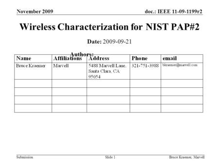 Doc.: IEEE 11-09-1199r2 Submission November 2009 Bruce Kraemer, MarvellSlide 1 Wireless Characterization for NIST PAP#2 Date: 2009-09-21 Authors:
