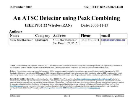 Doc.: IEEE 802.22-06/243r0 Submission November 2006 Steve Shellhammer, QualcommSlide 1 An ATSC Detector using Peak Combining IEEE P802.22 Wireless RANs.