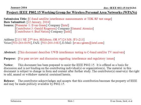 Doc.: IEEE 802.15-04/013r1 Submission January 2004 Evan Green, Intel, et al.Slide 1 Project: IEEE P802.15 Working Group for Wireless Personal Area Networks.