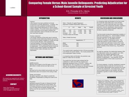 Name: Dana Princiotta Organization: University of Arizona   Comparing Female Versus Male Juvenile Delinquents: Predicting.