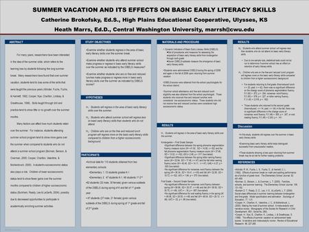 POSTER TEMPLATE BY: www.POSTERPRESENTATIONS.com SUMMER VACATION AND ITS EFFECTS ON BASIC EARLY LITERACY SKILLS Catherine Brokofsky, Ed.S., High Plains.