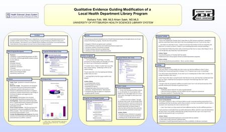 Qualitative Evidence Guiding Modification of a Local Health Department Library Program Barbara Folb, MM, MLS Ahlam Saleh, MD,MLS UNIVERSITY OF PITTSBURGH.
