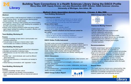 Building Team Connections in a Health Sciences Library Using the DiSC® Profile Nancy Allee, AHIP, Deputy Director, and Jane Blumenthal, AHIP, Director,