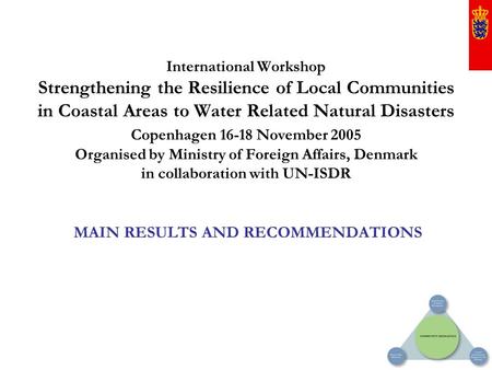 International Workshop Strengthening the Resilience of Local Communities in Coastal Areas to Water Related Natural Disasters Copenhagen 16-18 November.