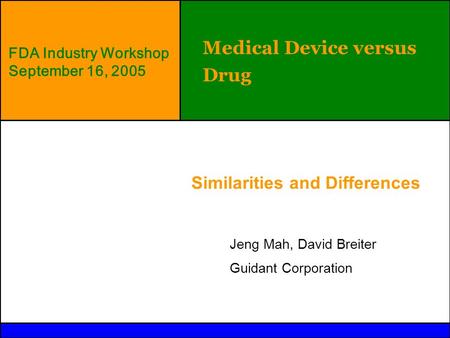 © Guidant 2004 Medical Device versus Drug Similarities and Differences Jeng Mah, David Breiter Guidant Corporation FDA Industry Workshop September 16,