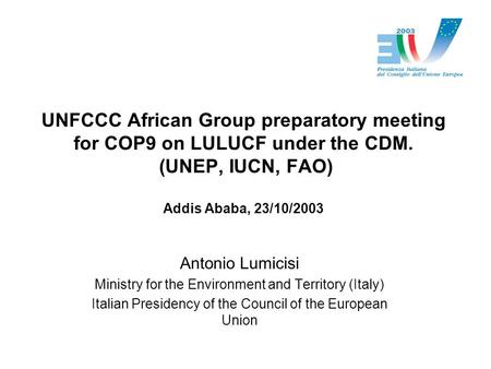 UNFCCC African Group preparatory meeting for COP9 on LULUCF under the CDM. (UNEP, IUCN, FAO) Addis Ababa, 23/10/2003 Antonio Lumicisi Ministry for the.