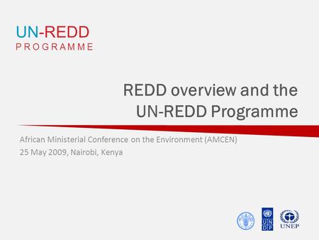 UN-REDD P R O G R A M M E REDD overview and the UN-REDD Programme African Ministerial Conference on the Environment (AMCEN) 25 May 2009, Nairobi, Kenya.