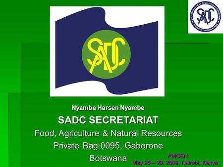 Nyambe Harsen Nyambe SADC SECRETARIAT Food, Agriculture & Natural Resources Private Bag 0095, Gaborone Botswana AMCEN: AMCEN: May 25 – 29, 2009, Nairobi,