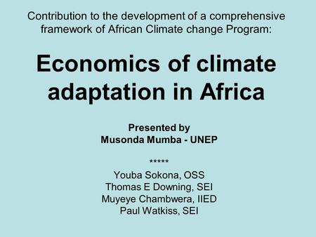 Contribution to the development of a comprehensive framework of African Climate change Program: Economics of climate adaptation in Africa Presented by.