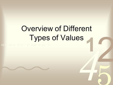 Overview of Different Types of Values. What Im Going to Do Discuss Different Values Ask LOTS of Questions Get You to Think of the Answers.