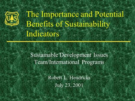 The Importance and Potential Benefits of Sustainability Indicators Sustainable Development Issues Team/International Programs Robert L. Hendricks July.