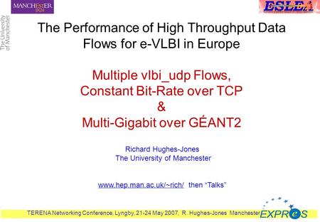 TERENA Networking Conference, Lyngby, 21-24 May 2007, R. Hughes-Jones Manchester 1 The Performance of High Throughput Data Flows for e-VLBI in Europe Multiple.