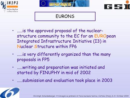 Christoph Scheidenberger, X Convegno su problemi di fisica nucleare teorica, Cortona (Italy), 6.-9. October 2004 EURONS.....is the approved proposal of.