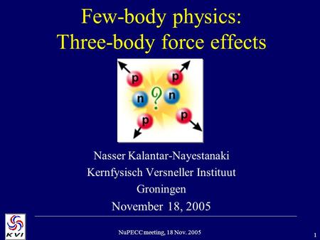 1 NuPECC meeting, 18 Nov. 2005 Few-body physics: Three-body force effects Nasser Kalantar-Nayestanaki Kernfysisch Versneller Instituut Groningen November.
