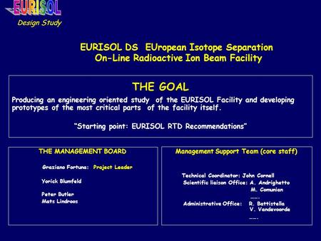 EURISOL DS EUropean Isotope Separation On-Line Radioactive Ion Beam Facility THE GOAL Producing an engineering oriented study of the EURISOL Facility and.