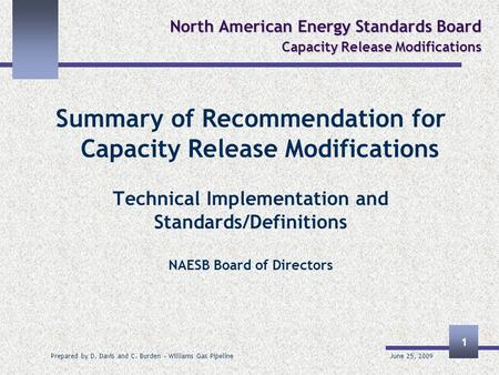 June 25, 2009 Prepared by D. Davis and C. Burden – Williams Gas Pipeline 1 North American Energy Standards Board Capacity Release Modifications Summary.