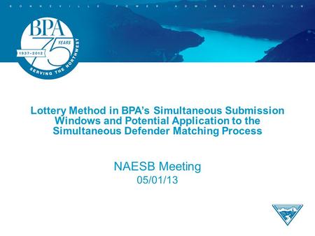Lottery Method in BPA’s Simultaneous Submission Windows and Potential Application to the Simultaneous Defender Matching Process NAESB Meeting 05/01/13.