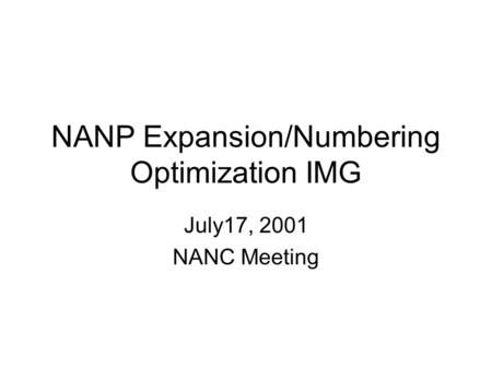 NANP Expansion/Numbering Optimization IMG July17, 2001 NANC Meeting.