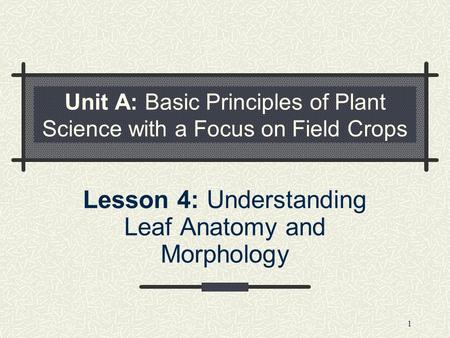 Unit A: Basic Principles of Plant Science with a Focus on Field Crops