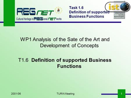 2001/06TURIN Meeting1 Task 1.6 Definition of supported Business Functions WP1 Analysis of the Sate of the Art and Development of Concepts T1.6Definition.