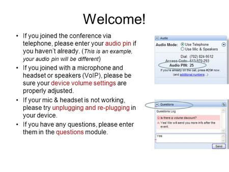 Welcome! If you joined the conference via telephone, please enter your audio pin if you havent already. ( This is an example, your audio pin will be different.