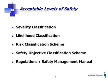 1 Acceptable Levels of Safety Severity Classification Likelihood Classification Risk Classification Scheme Safety Objective Classification Scheme Regulations.