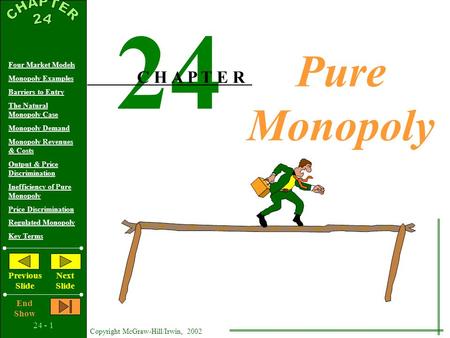 24 - 1 Copyright McGraw-Hill/Irwin, 2002 Four Market Models Monopoly Examples Barriers to Entry The Natural Monopoly Case Monopoly Demand Monopoly Revenues.