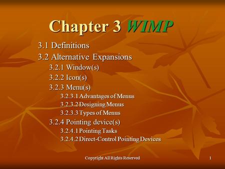 Copyright All Rights Reserved 1 Chapter 3 WIMP 3.1 Definitions 3.2 Alternative Expansions 3.2.1 Window(s) 3.2.2 Icon(s) 3.2.3 Menu(s) 3.2.3.1 Advantages.