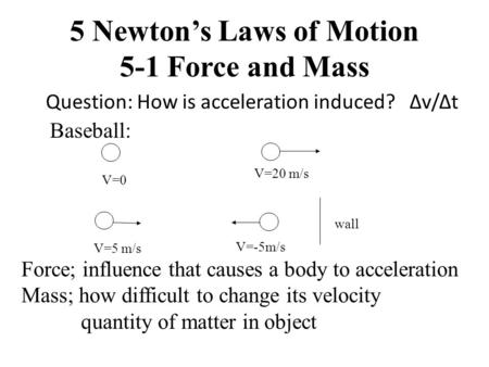 5 Newtons Laws of Motion 5-1 Force and Mass Question: How is acceleration induced? Δv/Δt V=20 m/s wall V=5 m/s V=-5m/s V=0 Baseball: Force; influence that.