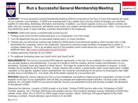 Run a Successful General Membership Meeting SUMMARY: To run a successful General Membership Meeting (GMM) it is important to first have a Vision that matches.
