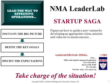 1 NMA LeaderLab STARTUP SAGA FOCUS ON THE BIG PICTURE DEFINE THE KEY GOALS SPECIFY THE EXPECTATIONS Figure out how to guide a new venture by developing.