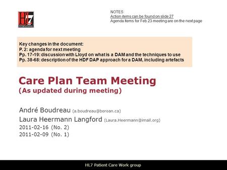 Care Plan Team Meeting (As updated during meeting) André Boudreau Laura Heermann Langford 2011-02-16.