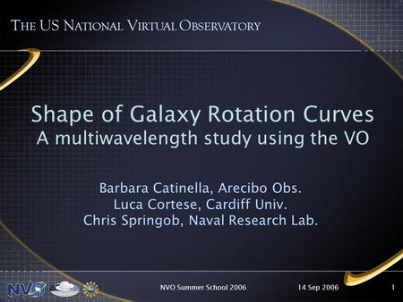 14 Sep 2006NVO Summer School 20061 T HE US N ATIONAL V IRTUAL O BSERVATORY Shape of Galaxy Rotation Curves A multiwavelength study using the VO Barbara.