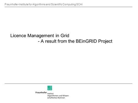 Fraunhofer-Institute for Algorithms and Scientific Computing SCAI Licence Management in Grid - A result from the BEinGRID Project.