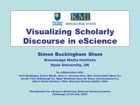 Visualizing Scholarly Discourse in eScience Simon Buckingham Shum Knowledge Media Institute Open University, UK In collaboration with: John Domingue, Enrico.