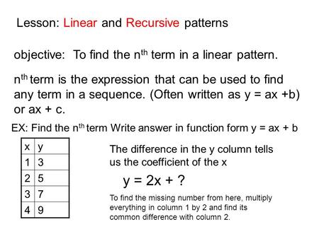 y = 2x + ? Lesson: Linear and Recursive patterns