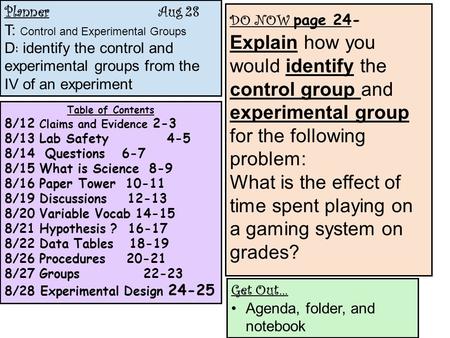 Planner Aug 28 T: Control and Experimental Groups D : identify the control and experimental groups from the IV of an experiment Table of Contents 8/12.