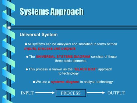 Systems Approach Universal System INPUT PROCESS OUTPUT
