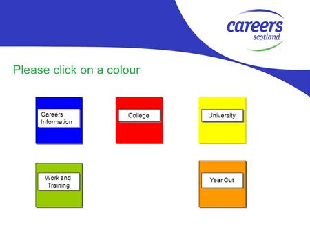 Please click on a colour Careers Information Careers Information Work and Training Work and Training College University Year Out.
