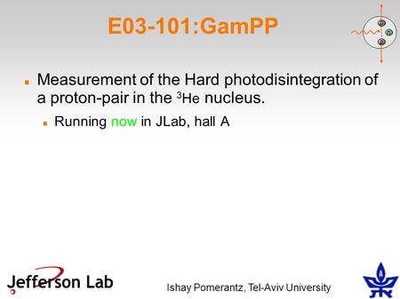 Measurement of the Hard photodisintegration of a proton-pair in the 3 He nucleus. Running now in JLab, hall A E03-101:GamPP n p p Ishay Pomerantz, Tel-Aviv.