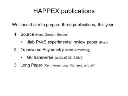 HAPPEX publications 1.Source (Kent, Gordon, Snyder) Jlab PVeS experimental review paper (Riad) 2.Transverse Asymmetry (Kent, Armstrong) G0 transverse (arXiv:0705.1525v2)