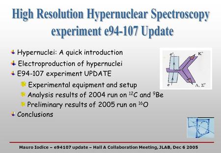 Hypernuclei: A quick introduction Electroproduction of hypernuclei E94-107 experiment UPDATE Experimental equipment and setup Analysis results of 2004.