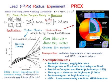 Lead ( 208 Pb) Radius Experiment : PREX E = 1 GeV, Elastic Scattering Parity-Violating Asymmetry PREX : density -dependence of the symmetry energy. Nuclear.