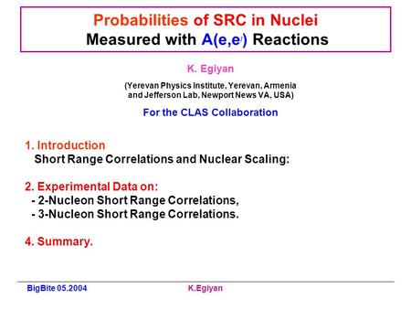 BigBite 05.2004K.Egiyan Probabilities of SRC in Nuclei Measured with A(e,e / ) Reactions K. Egiyan (Yerevan Physics Institute, Yerevan, Armenia and Jefferson.